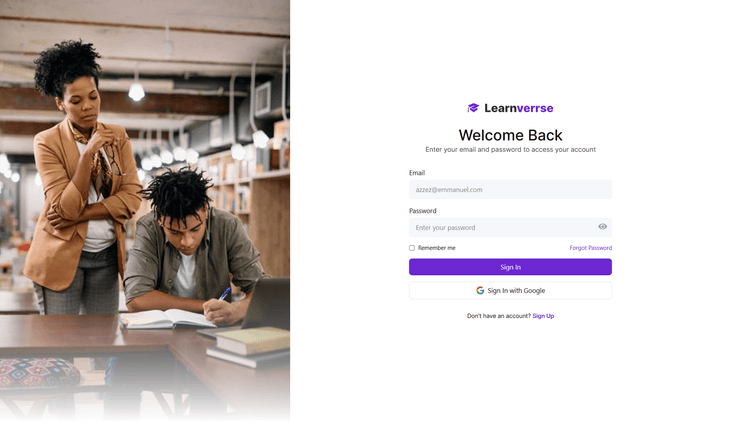 Learnverrse sign-up page